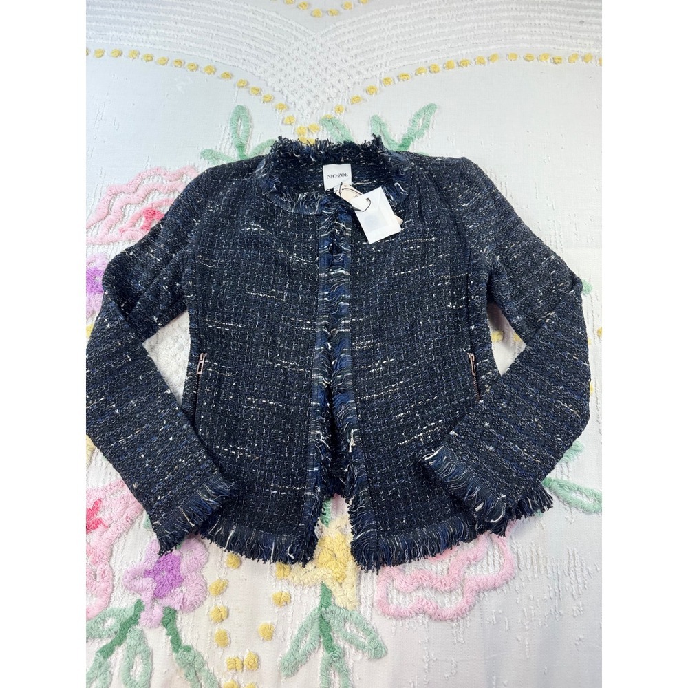 NIC ZOE Tweed Fringe Collarless Blazer Jacket Navy Multi Textured Cropped pp‎ - Picture 4 of 9